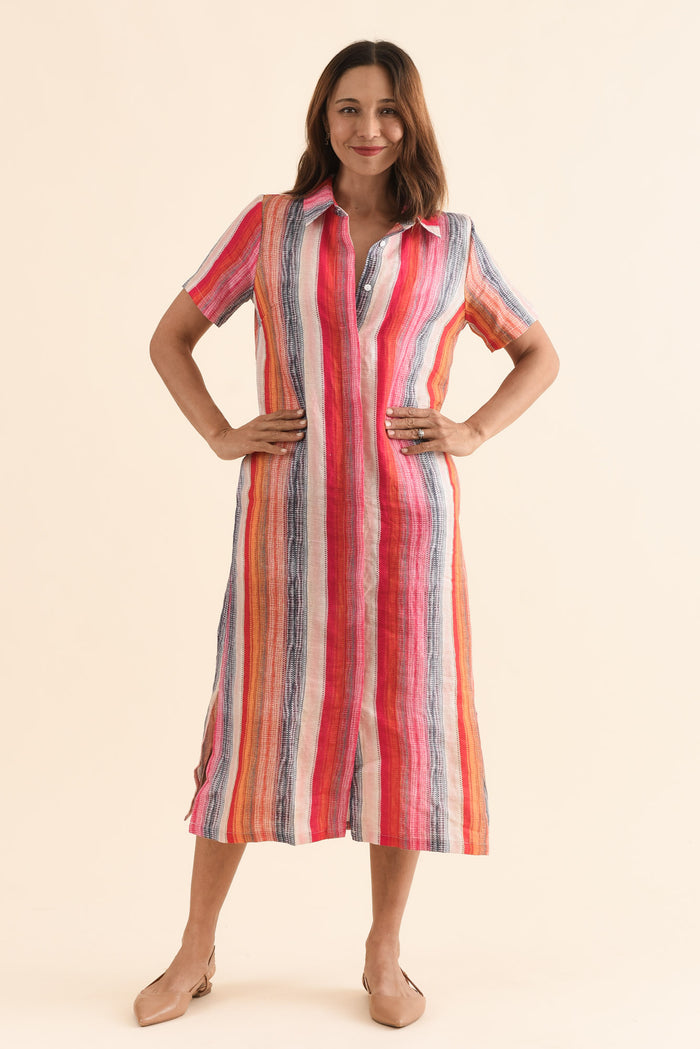 Abraham Red Stripe Linen Shirt Dress,Full Body,Brunette model,alt text|model:Cara