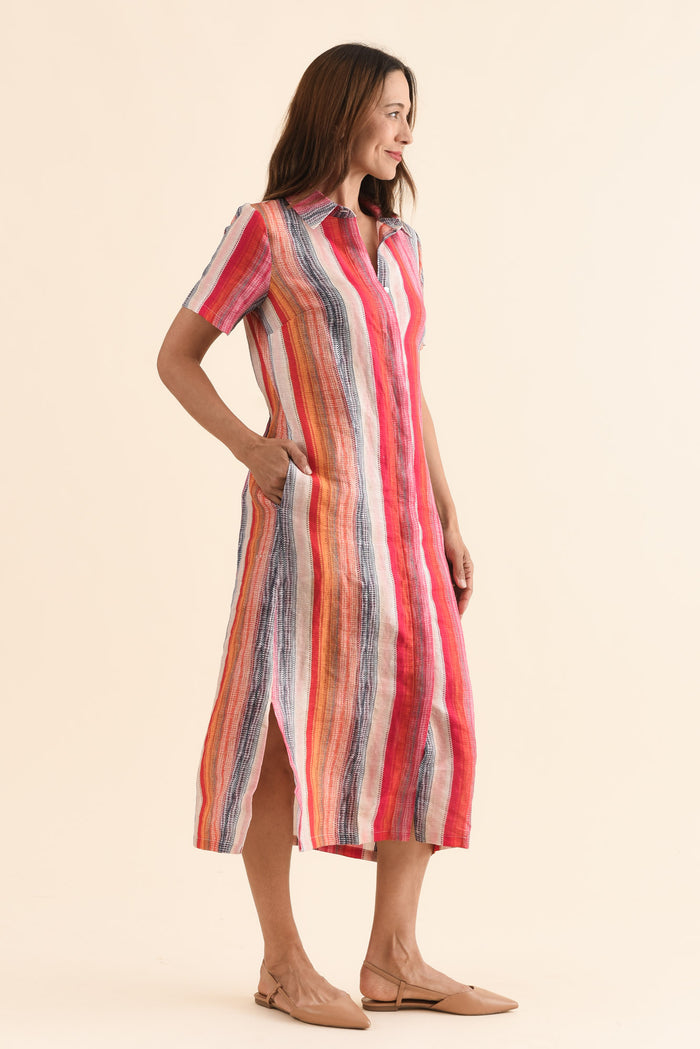 Abraham Red Stripe Linen Shirt Dress,Side,Brunette model,alt text|model:Cara