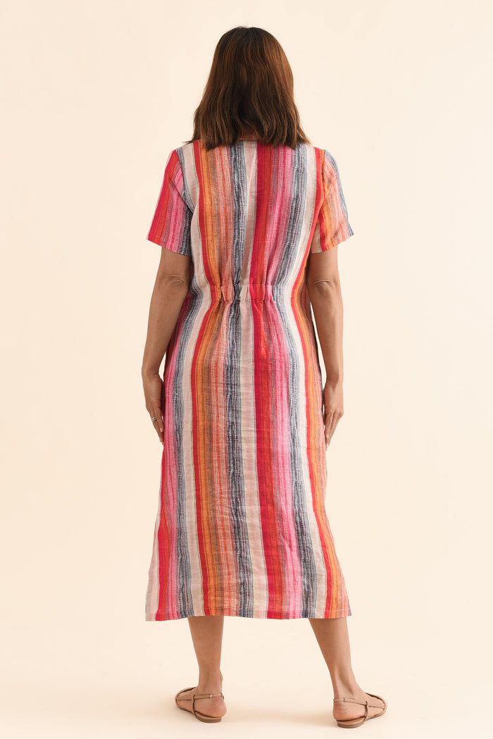 Abraham Red Stripe Linen Shirt Dress,Back,Brunette model,alt text|model:Cara