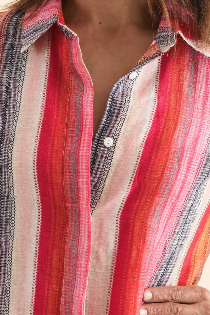Abraham Red Stripe Linen Shirt Dress,Detail,Brunette model,alt text|model:Cara