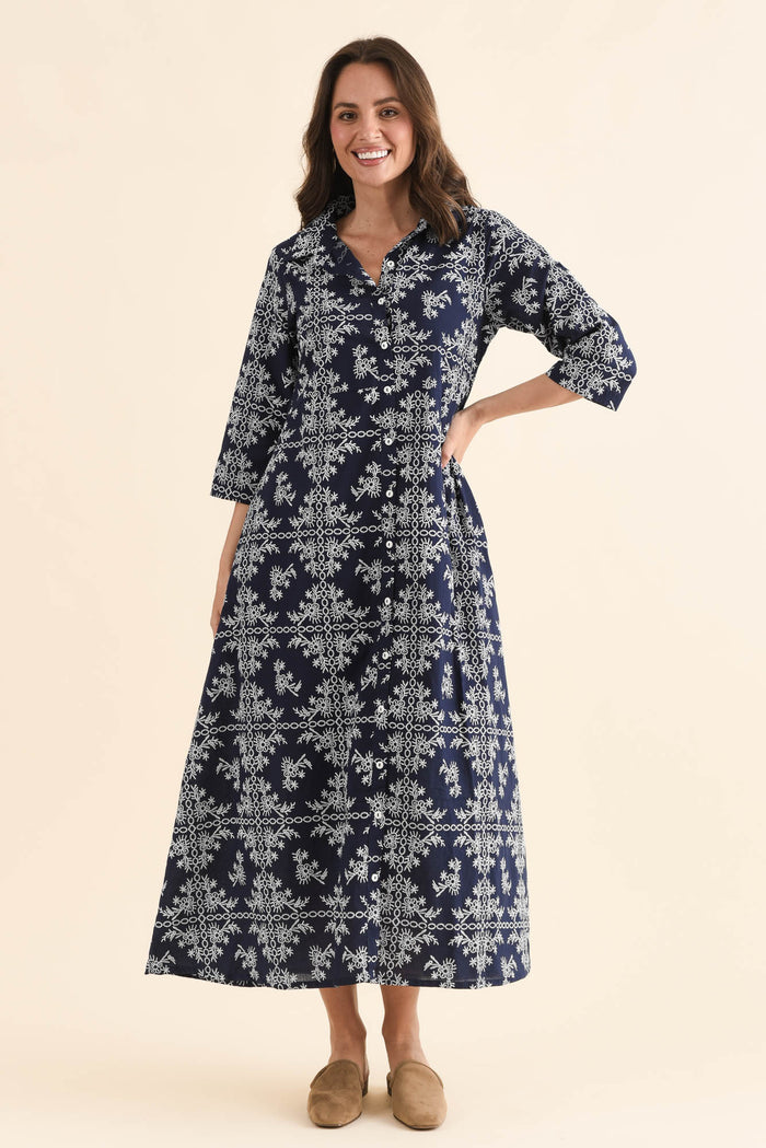 Acala Navy Cotton Embroidered Dress,Front,Brunette model,alt text|model:MJ