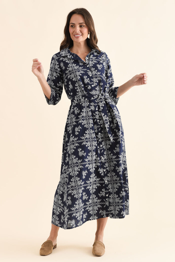 Acala Navy Cotton Embroidered Dress,Full Body,Brunette model,alt text|model:MJ