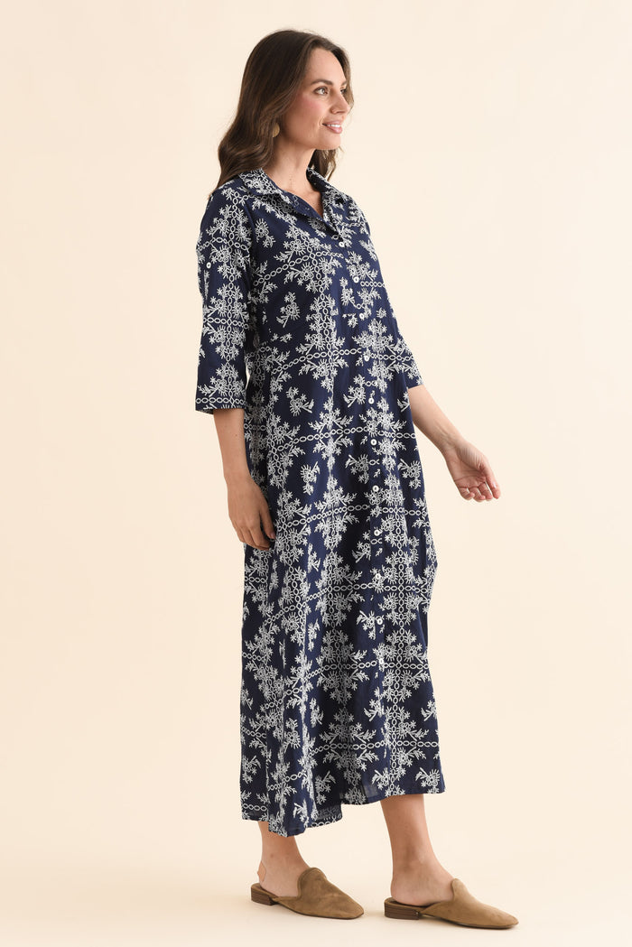 Acala Navy Cotton Embroidered Dress,Side,Brunette model,alt text|model:MJ