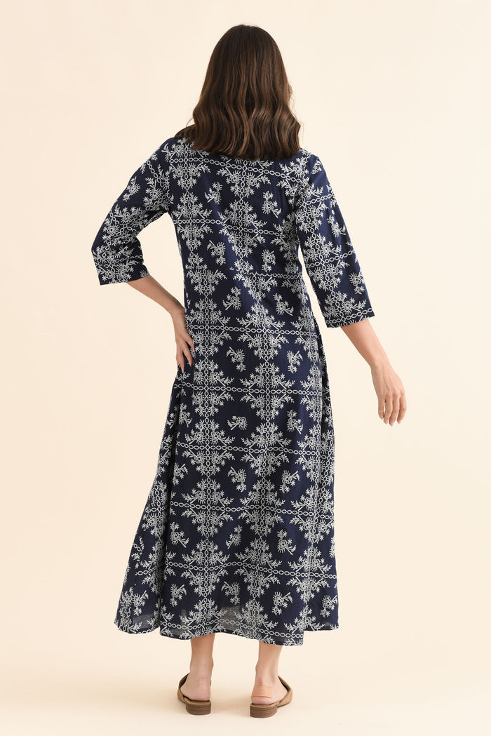 Acala Navy Cotton Embroidered Dress,Back,Brunette model,alt text|model:MJ