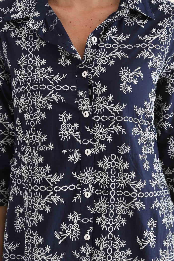 Acala Navy Cotton Embroidered Dress,Detail,Brunette model,alt text|model:MJ