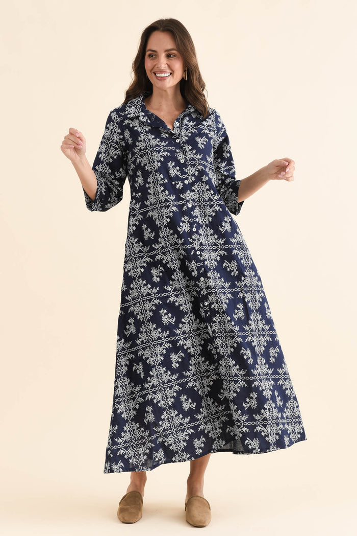 Acala Navy Cotton Embroidered Dress,Full Body,Brunette model,alt text|model:MJ