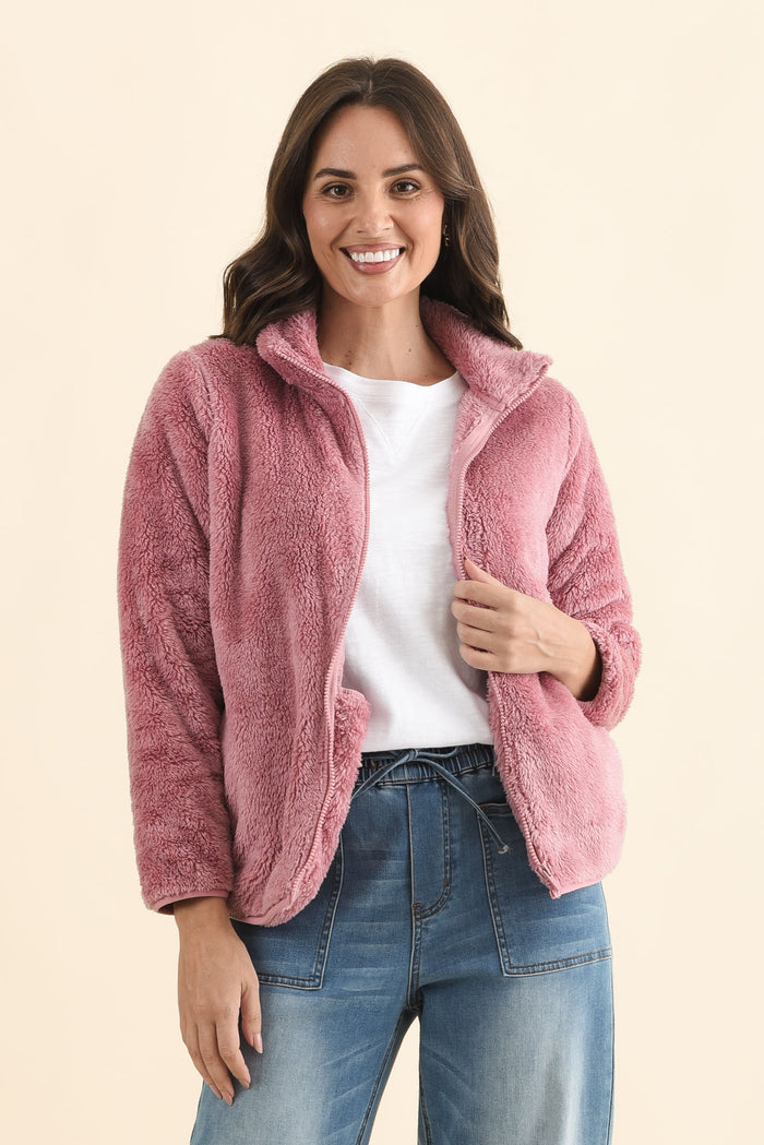 Ackerley Pink Faux Fur Jacket,Brunette model,alt text|model:MJ