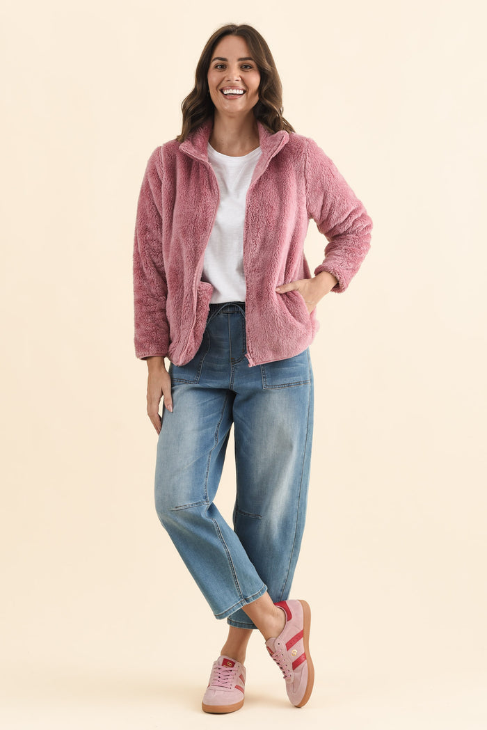 Ackerley Pink Faux Fur Jacket,Brunette model,alt text|model:MJ