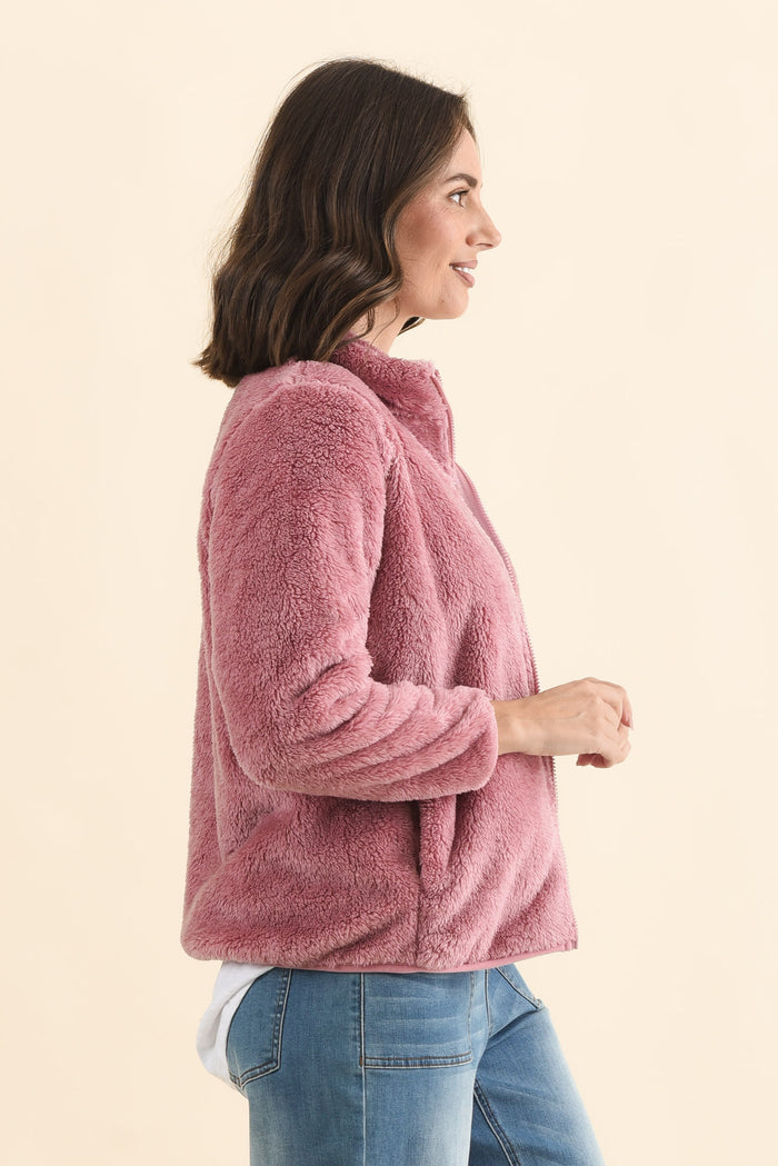 Ackerley Pink Faux Fur Jacket,Brunette model,alt text|model:MJ