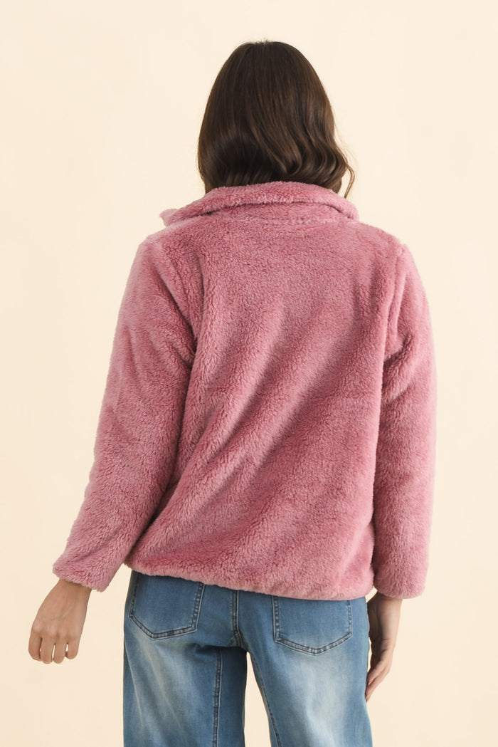 Ackerley Pink Faux Fur Jacket,Brunette model,alt text|model:MJ