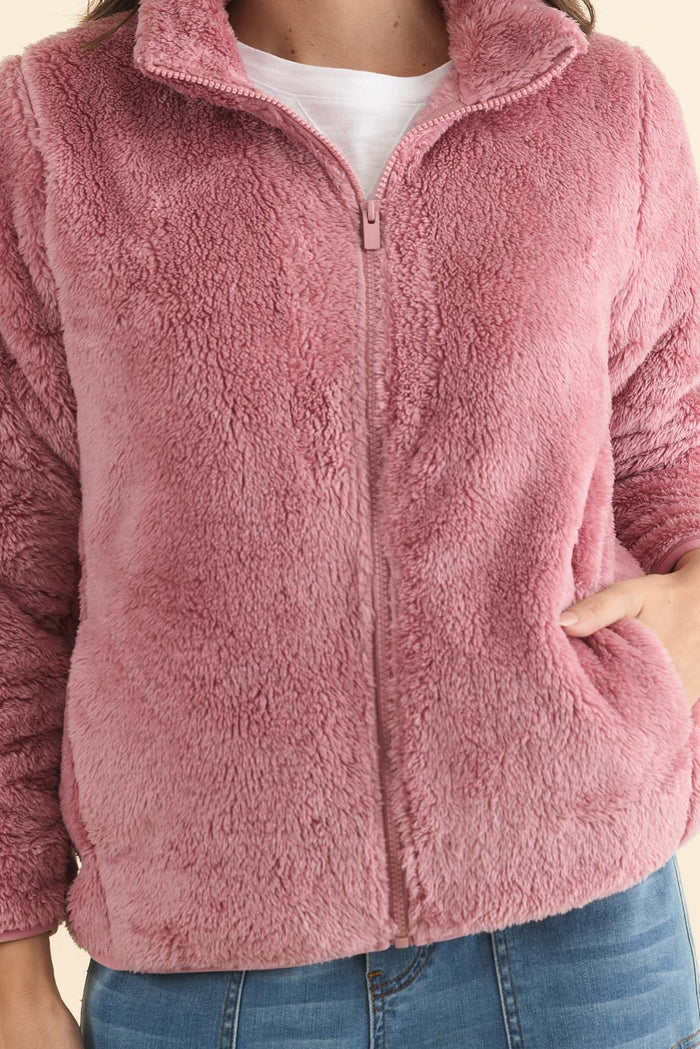 Ackerley Pink Faux Fur Jacket,Brunette model,alt text|model:MJ