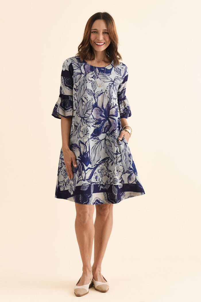 Act Blue Floral Cotton Ruffle Dress,Full Body,Brunette model,alt text|model:Cara