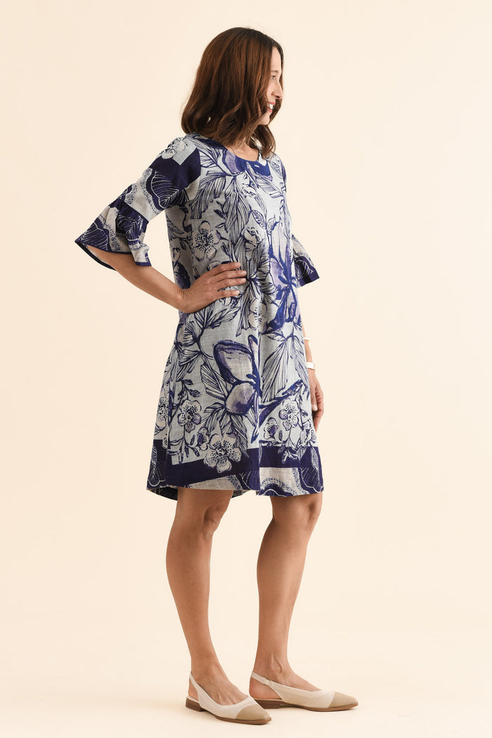 Act Blue Floral Cotton Ruffle Dress,Side,Brunette model,alt text|model:Cara