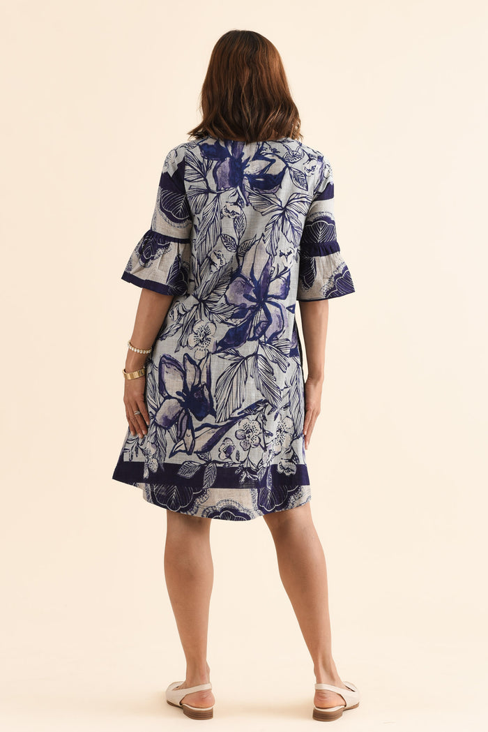 Act Blue Floral Cotton Ruffle Dress,Back,Brunette model,alt text|model:Cara