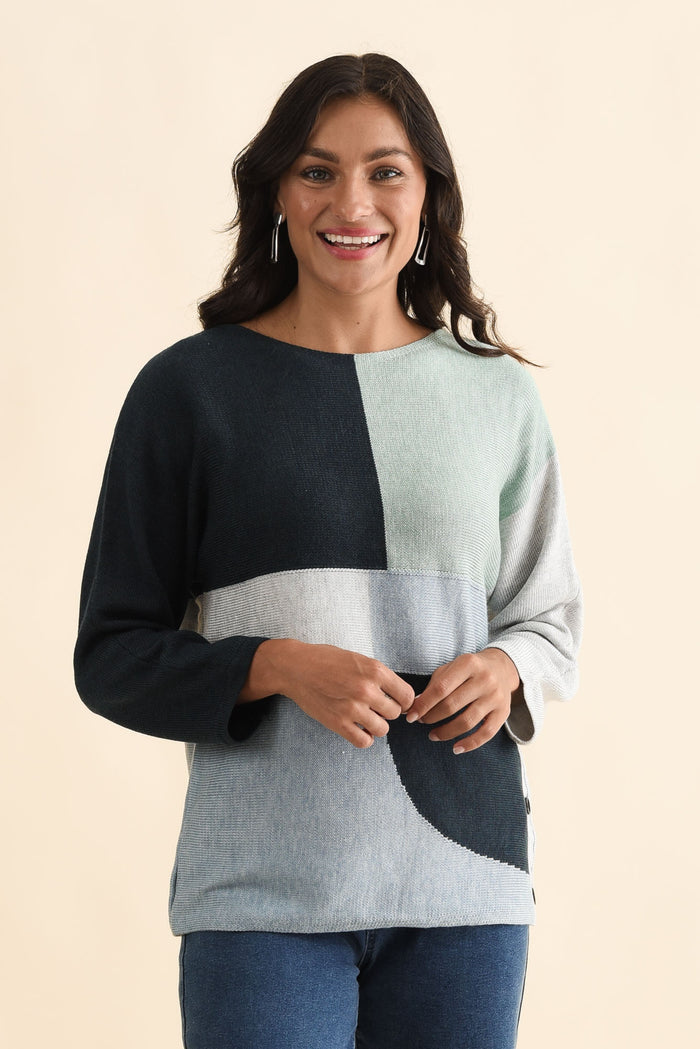 Acton Blue Splice Wool Blend Jumper,Brunette model,alt text|model:Brontie
