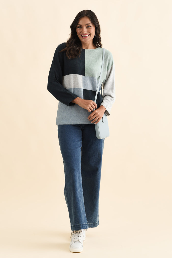Acton Blue Splice Wool Blend Jumper,Brunette model,alt text|model:Brontie