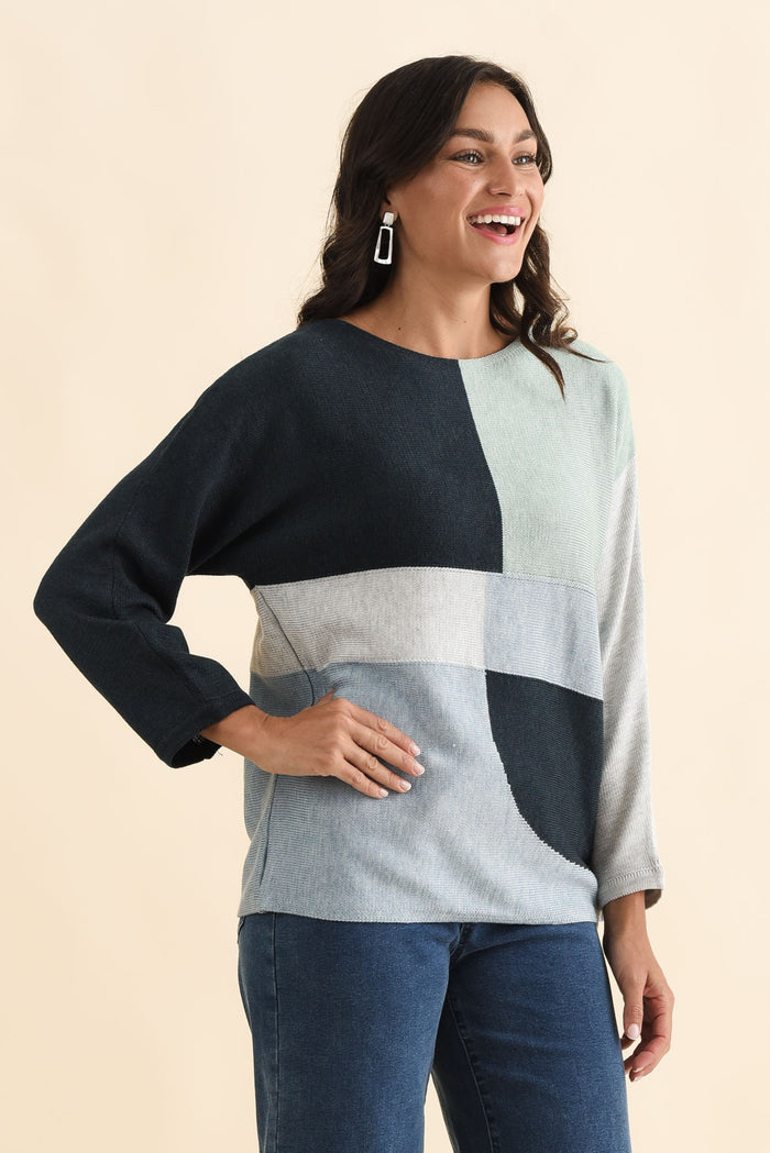 Acton Blue Splice Wool Blend Jumper,Brunette model,alt text|model:Brontie