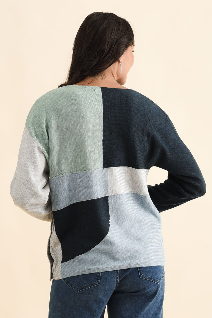 Acton Blue Splice Wool Blend Jumper,Brunette model,alt text|model:Brontie
