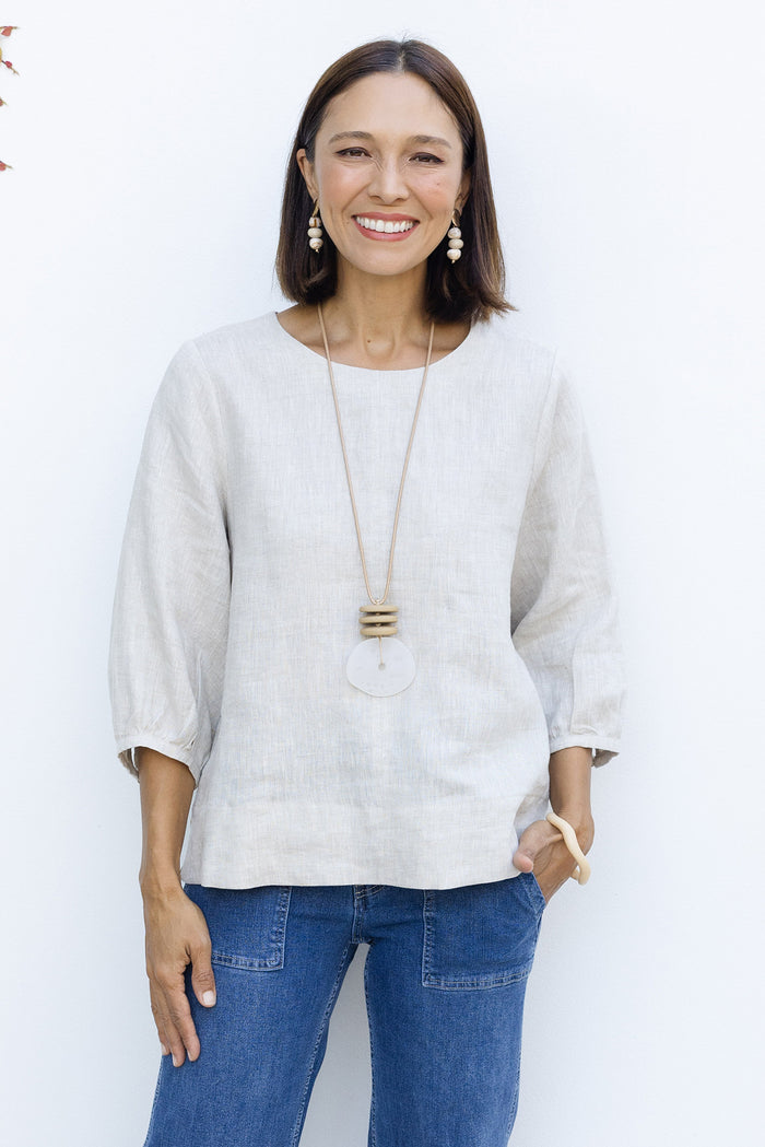 Addie Beige Linen Sleeved Top,Lifestyle