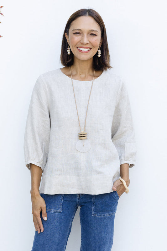 Addie Beige Linen Sleeved Top,Lifestyle