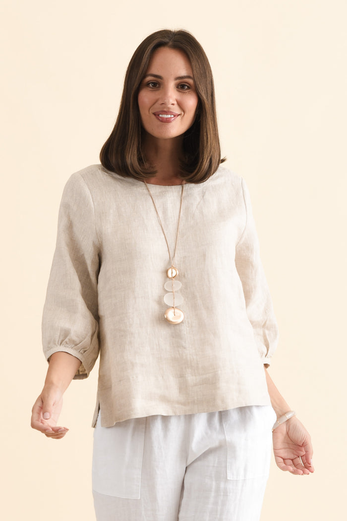 Addie Beige Linen Sleeved Top,Brunette model,alt text|model:MJ