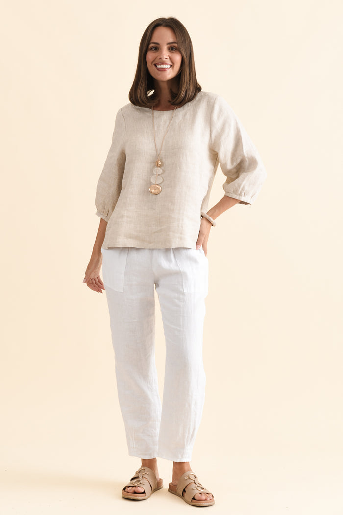 Addie Beige Linen Sleeved Top,Brunette model,alt text|model:MJ