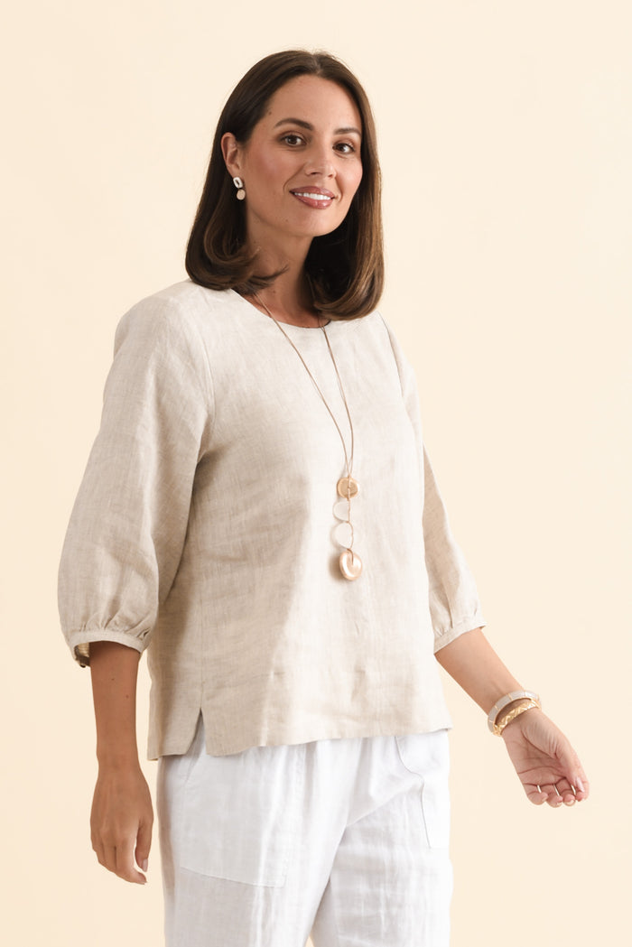 Addie Beige Linen Sleeved Top,Brunette model,alt text|model:MJ