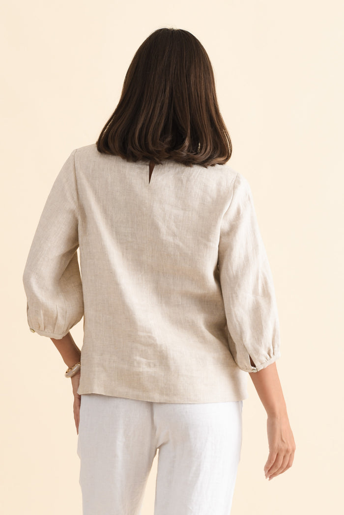 Addie Beige Linen Sleeved Top,Brunette model,alt text|model:MJ