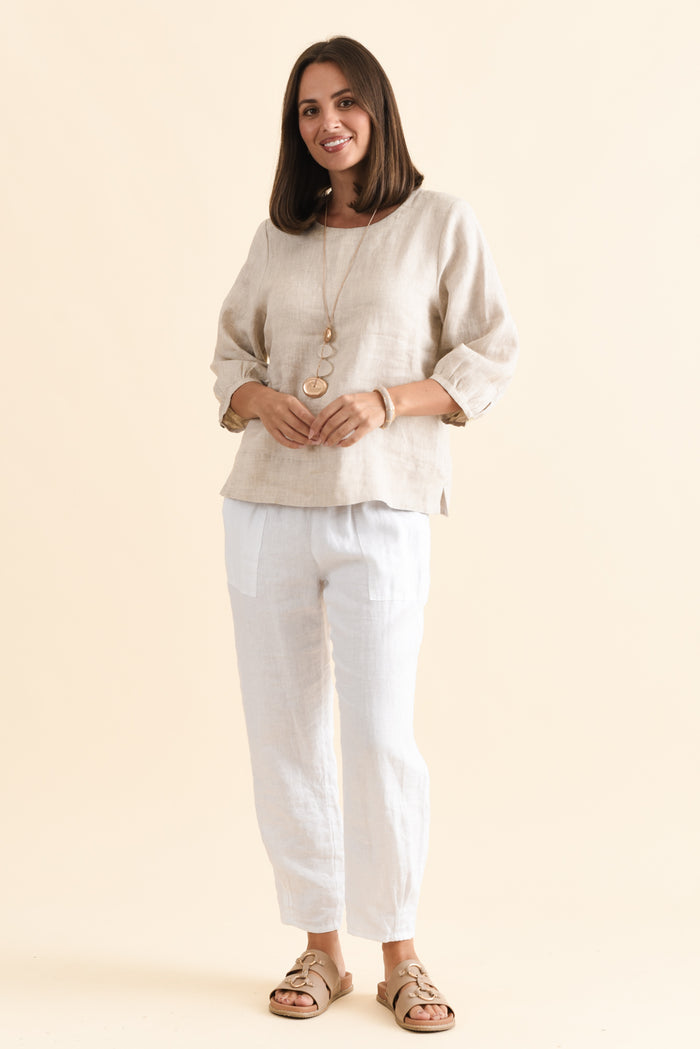 Addie Beige Linen Sleeved Top,Brunette model,alt text|model:MJ