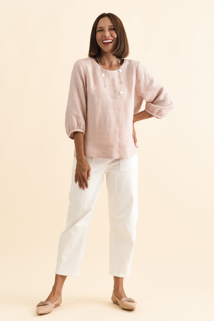 Addie Blush Linen Sleeved Top,Brunette model,alt text|model:Cara