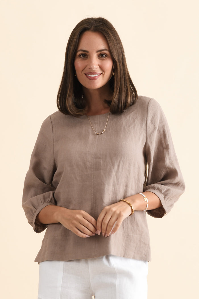 Addie Mocha Linen Sleeved Top,Lifestyle