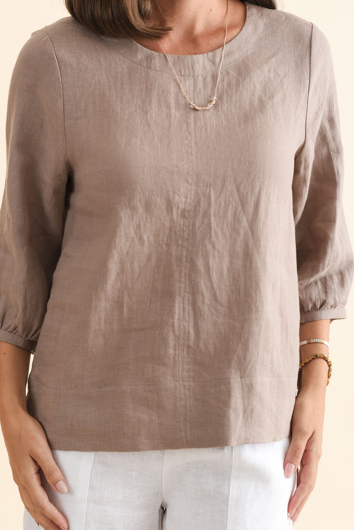 Addie Mocha Linen Sleeved Top,Brunette model,alt text|model:MJ