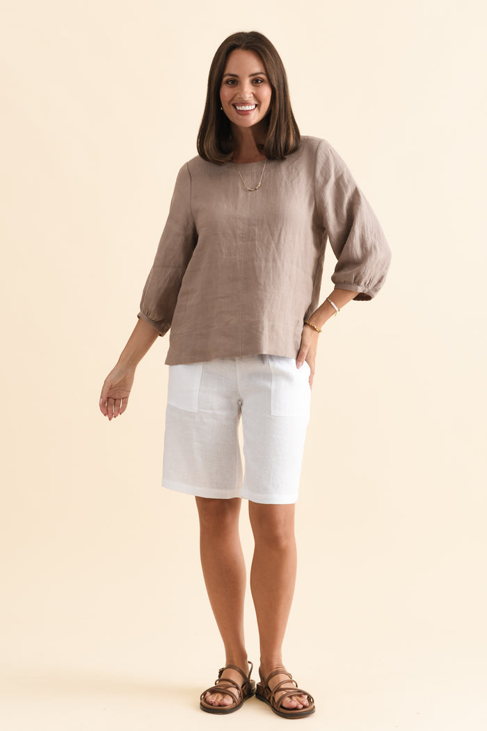 Addie Mocha Linen Sleeved Top,Brunette model,alt text|model:MJ