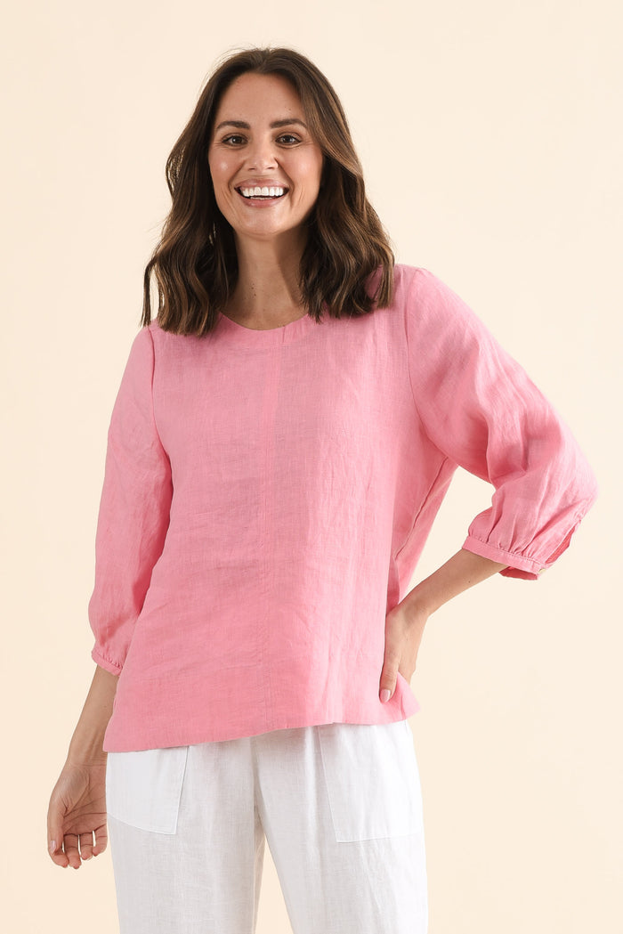 Addie Pink Linen Sleeved Top,Front,Brunette model,alt text|model:MJ