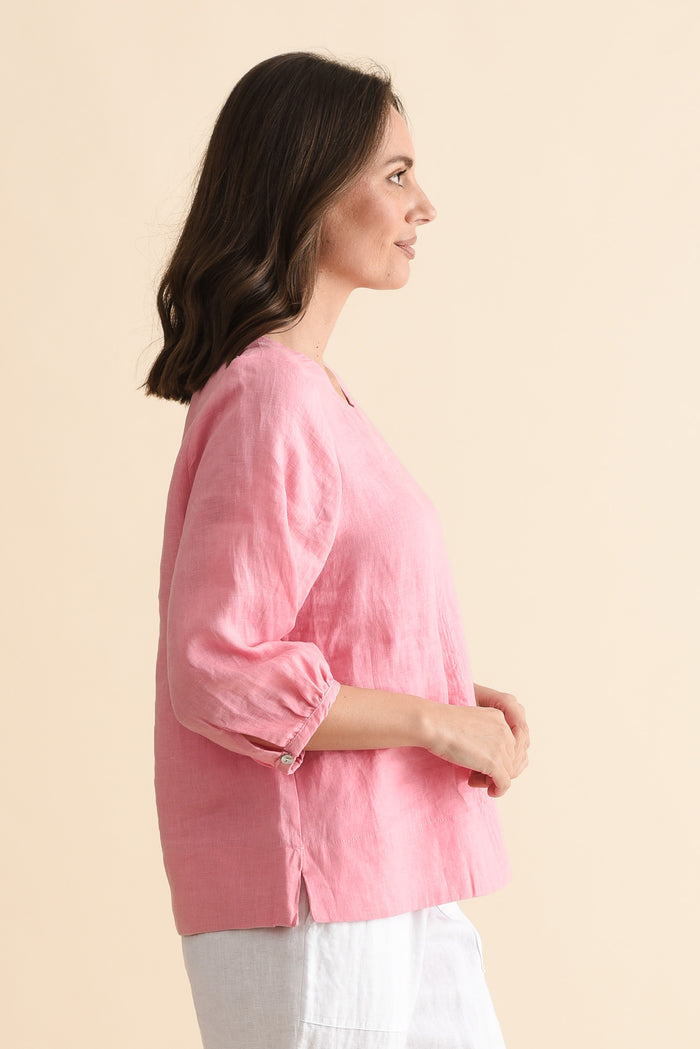 Addie Pink Linen Sleeved Top,Side,Brunette model,alt text|model:MJ