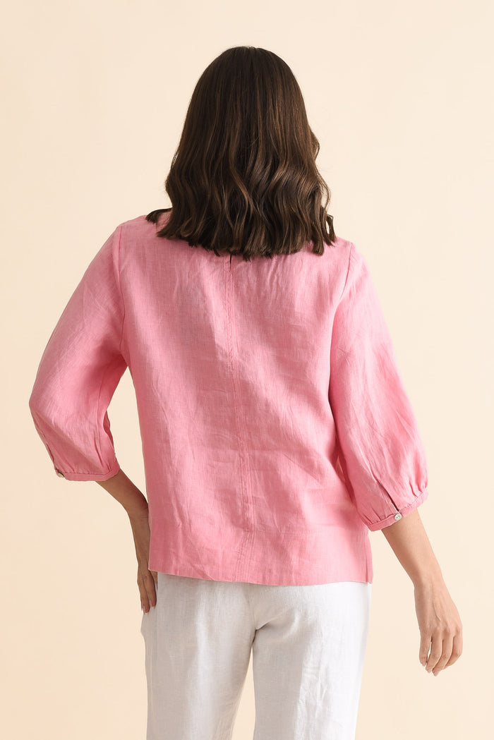 Addie Pink Linen Sleeved Top,Back,Brunette model,alt text|model:MJ