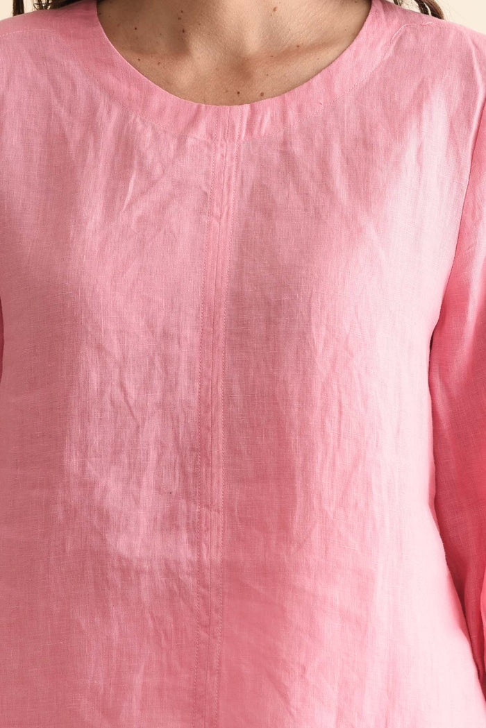 Addie Pink Linen Sleeved Top,Detail,Brunette model,alt text|model:MJ