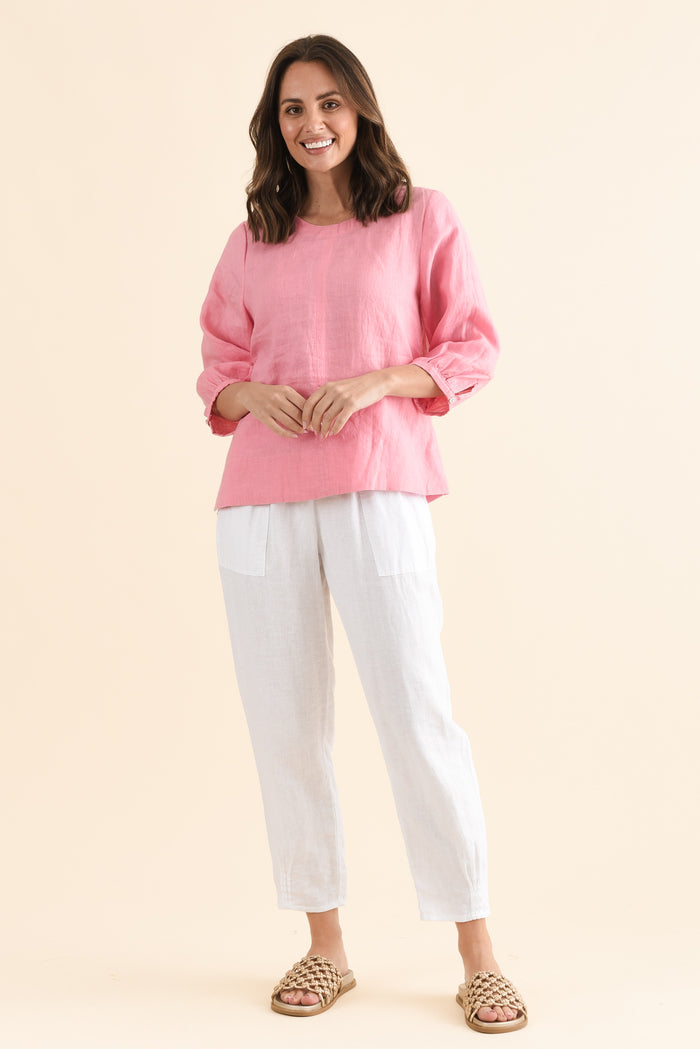 Addie Pink Linen Sleeved Top,Full Body,Brunette model,alt text|model:MJ