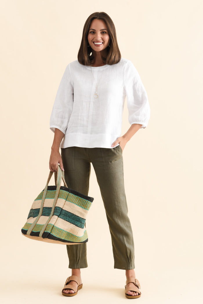 Addie White Linen Sleeved Top,Brunette model,alt text|model:MJ