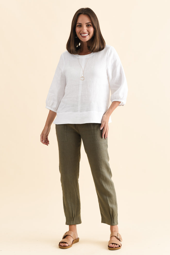 Addie White Linen Sleeved Top,Brunette model,alt text|model:MJ