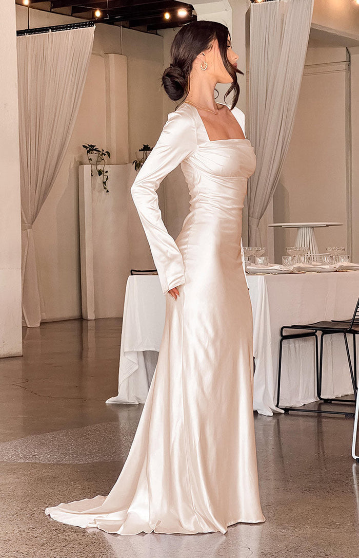Beginning Boutique Addina Cream Long Sleeve Maxi Dress cream satin square neck long sleeve maxi dress with ruched bust