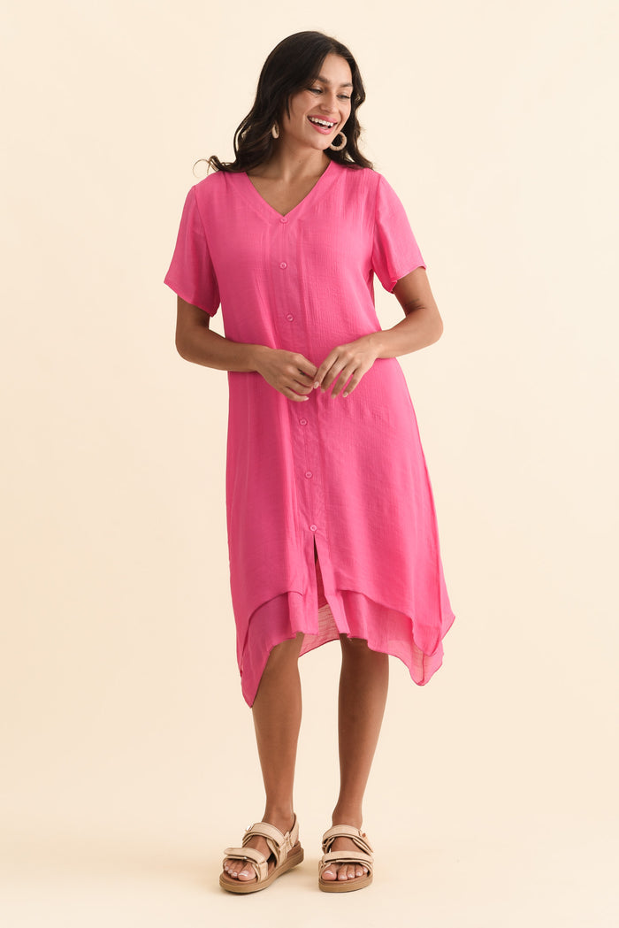 Adelaide Pink Layered Button Dress,Brunette model,alt text|model:Brontie