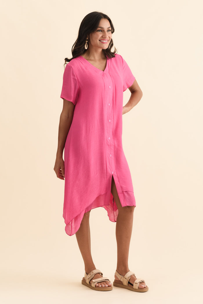 Adelaide Pink Layered Button Dress,Brunette model,alt text|model:Brontie