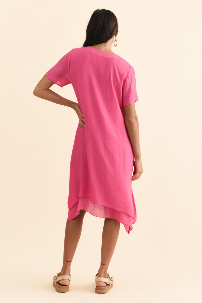 Adelaide Pink Layered Button Dress,Brunette model,alt text|model:Brontie