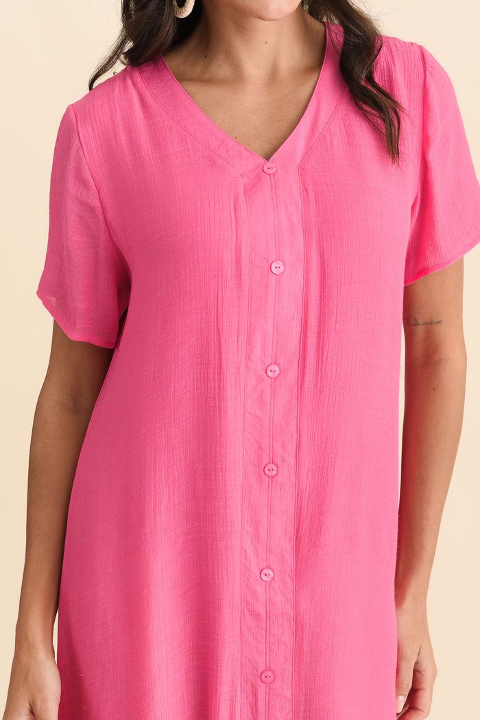 Adelaide Pink Layered Button Dress,Brunette model,alt text|model:Brontie