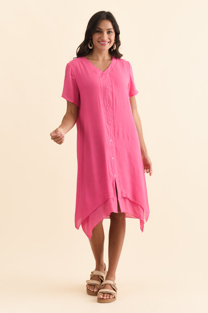 Adelaide Pink Layered Button Dress,Brunette model,alt text|model:Brontie