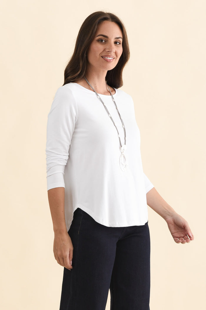 Adele White Long Sleeve Bamboo Tee,Brunette model,alt text|model:MJ