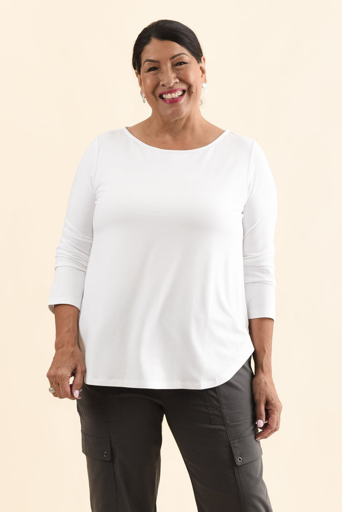 Adele White Long Sleeve Bamboo Tee,Front,Brunette model,alt text|model:Pilita