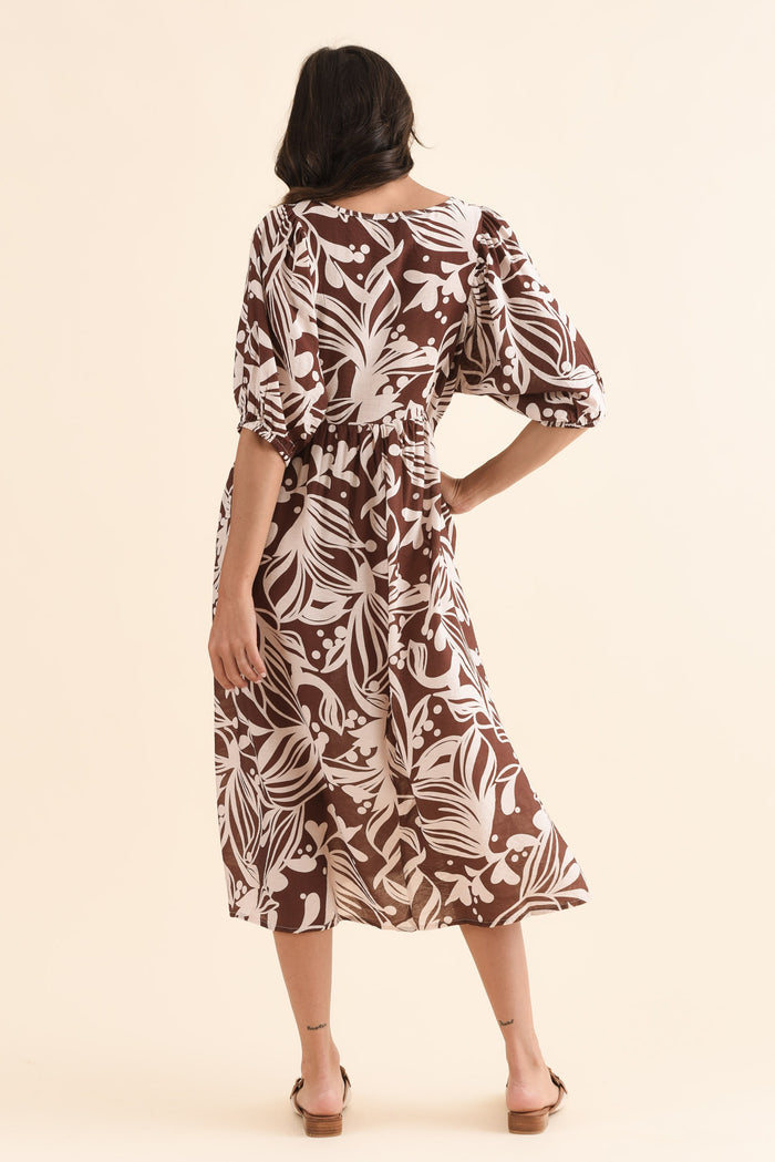 Adwin Chocolate Palm Pocket Dress,Back,Brunette model,alt text|model:Brontie