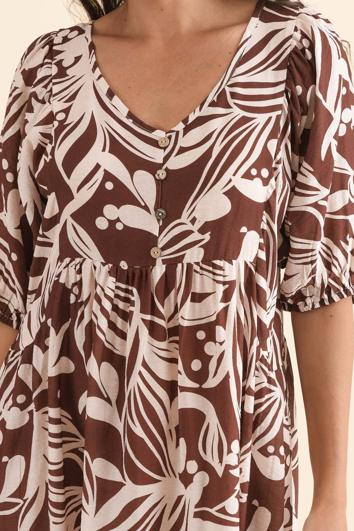 Adwin Chocolate Palm Pocket Dress,Detail,Brunette model,alt text|model:Brontie